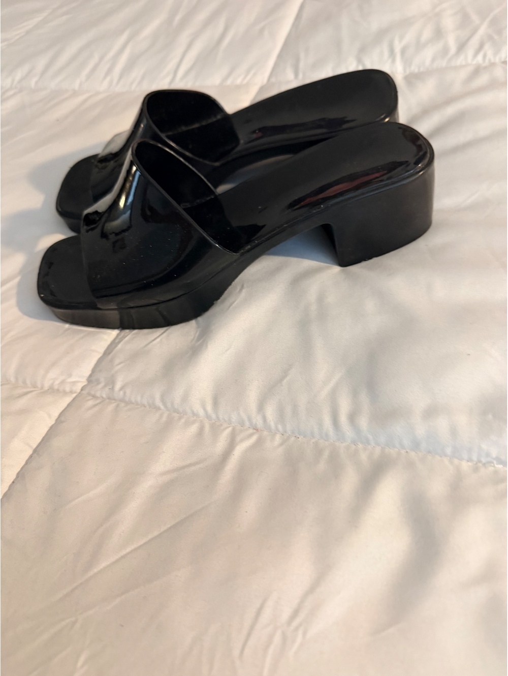 Black Patent Leather Slide Sandals with Block Heel Size 8